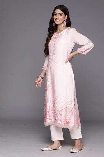 Varanga Women Pink Abstract Straight Kurta With Bottom And Organza Embroidered Dupatta